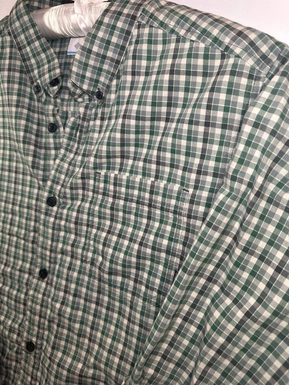 Columbia Button Down Shirt Men Large Green Plaid 100% Cotton Casual Long Sleeve